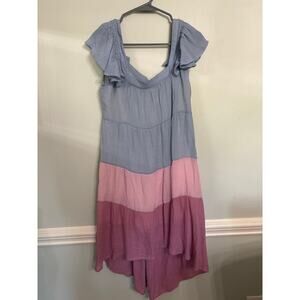 Umgee USA Medium Colorblock Midi Dress | Blue Pink Tiered Ruffle Sleeve Dress